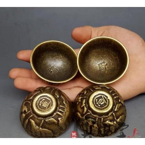 2.2" Pure copper antique small bowl Fulu Shou hi small glass craft collectible ornaments