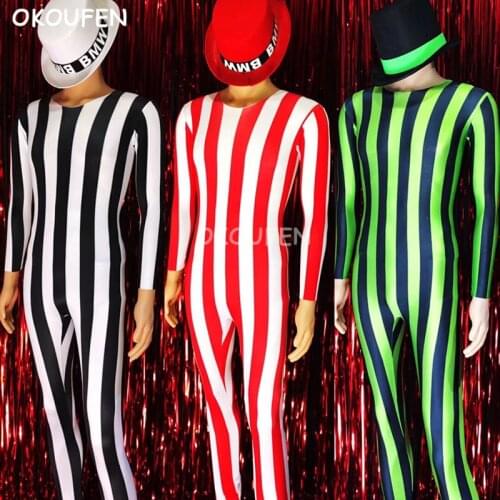Fashion Fluorescent Striped Bodysuits Stage Show Jazz Party Dress Costume Nightclub Bar Male Singer Dj performance clothing