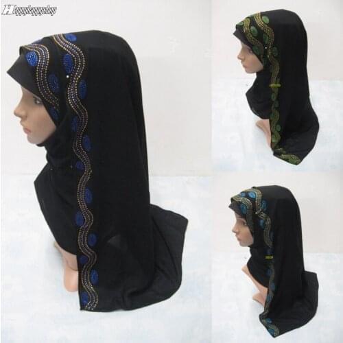 Muslim Islamic Women Black Plain Head Scarf With Rhinestone Prayer Shawls Hijab Arab Headband Turban Wraps