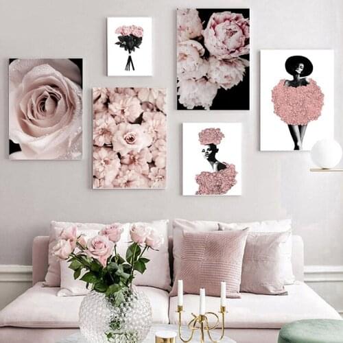 Rose Peony Horse Black And White Woman Wall Art Canvas Painting Nordic Posters And Prints Wall Pictures For Living Room Decor