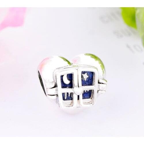 Window Blue Enamel Sky Moon Star Love Heart Bead Fit Original Pan Charm Bracelet 925 Sterling Silver Making Mom Berloque DIY