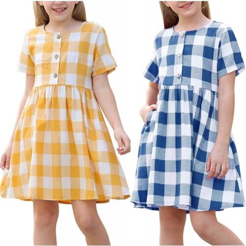 New Fashion Plaid Girls Dress Girls Short Sleeve Plaid Button Dress Princess Dress Summer Casual Kids Clothes ropa de niños