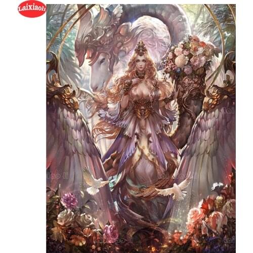 Full Square round Fantasy art, elf woman, pet, flower drill Diamond painting Diamond embroidery Cross stitch Home Wall Decor