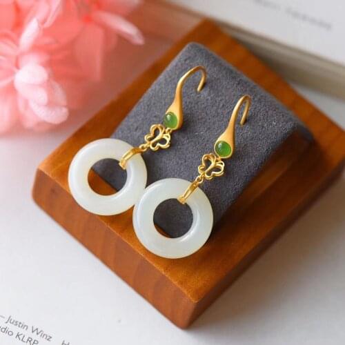 Natural Hetian Jade Butterfly hollow Earrings Chinese style retro Bohemian charm womens original silver jewelry