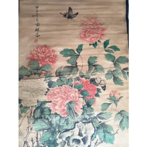 Rare Hand-painted QingDyansty Chinese vertical axis paintings,butterfly & Peony, free shipping