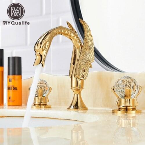 Luxury Swan Style Deck Mount Widespread Basin Faucet Two Handles Golden Washbasin Mixer Taps