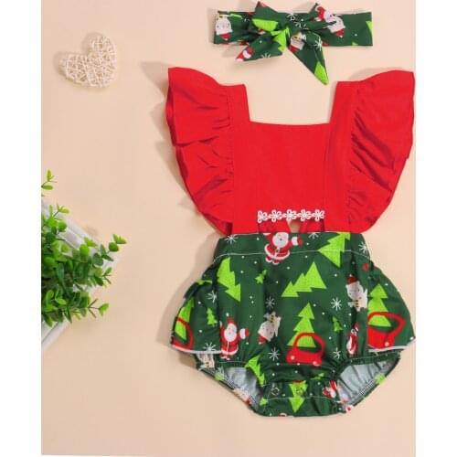 FOCUSNORM Christmas 0-24M Lovely Baby Girls Boys Rompers Ruffles Short Sleeve Santa Trees Backless Jumpsuits Headband 2pcs