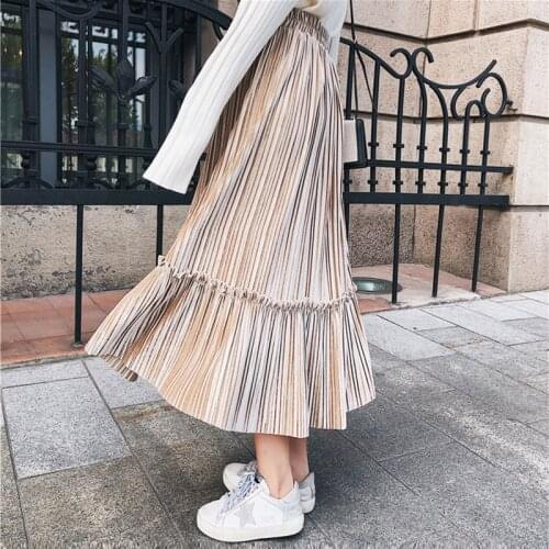 Timis Li Spring&Autumn Womens Pleated Skirt Velvet Print High Waist Long Skirts Large Size Fahion Falda Ruffles long Skirts