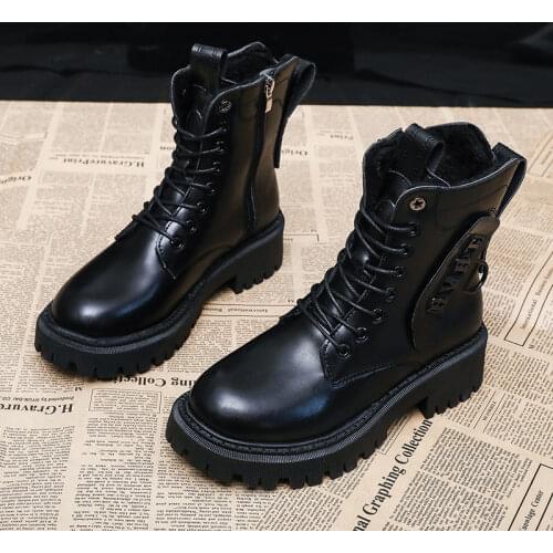 2021 New Plus Velvet Platform Boots Autumn Thick-soled Mid-tube Patent Leather Shoe Women British PU Short Plush Shoes Female