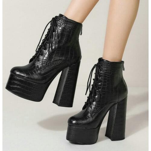 2021 Autumn Winter Women Ankle Boots Platform Super Square High Heel Women Motorcycle Boots Faux Leather High Quality Boots