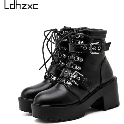 LDHZXC 2020 New Fashion Style Black winter Ankle Boots highs Heel Black Lace-up Woman Platform Shoes Motorcycle Boot Fall