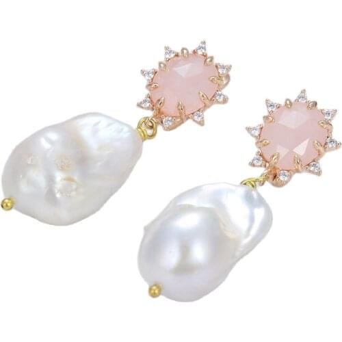GG Jewelry Natural Cultured White Keshi Baroque Pearl Rose Quartzs Pave Stud Earrings Cute Style For Women