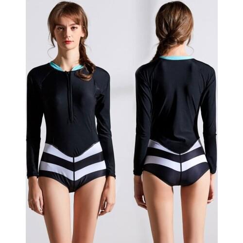Womens Rash Guard One Piece Long Sleeve Front Zip Printed Sun Protection Surfing Swimsuit Swimwear Bathing Suit Color Block