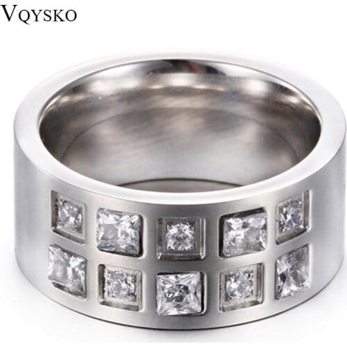 Women Wedding Band 10mm Polished stainless steel Ring with Zircon Stones