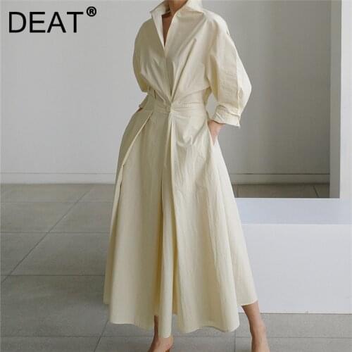 DEAT Woman Shirt Dress Beige Slim Waist One Button Stand Collar Long Sleeve Loose Casual Style 2021 New Autumn Fashion 15XM483