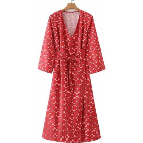 YENKYE Summer Dress Women Vintage Polka Dot Red Dress Female Cross V Neck Long Sleeve Wrap Casual Dress Midi Vestido