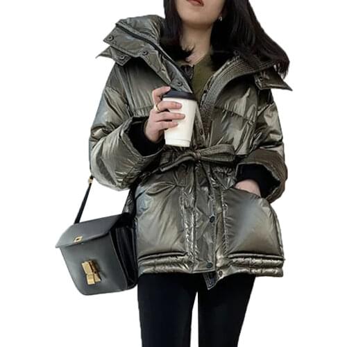 2021 Women Winter White Duck Down Warm Coat Parka Hooded Jacket Thick Slim Waist Women Coat Loose Outwear Casaco Feminino Parkas