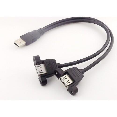 1x USB 2.0 A Male to Dual USB 2.0 A Female Socket Panel Mount Y Splitter Connector Cable 30cm Black