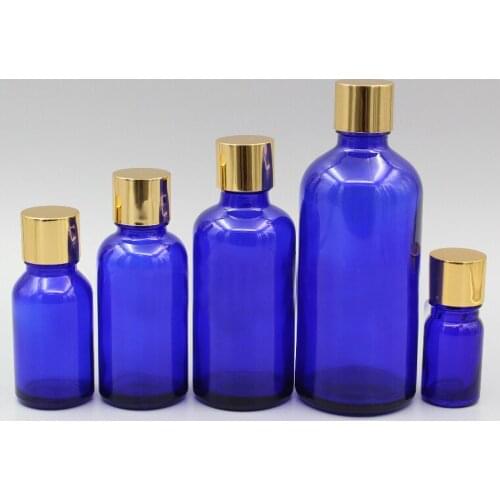 2/10pcs 5ml 10ml 15ml 20ml 30ml 50ml 100ml Empty Blue Glass Perfum Essential Oil Bottles with Light Gold Aluminum Cover Cap Lid