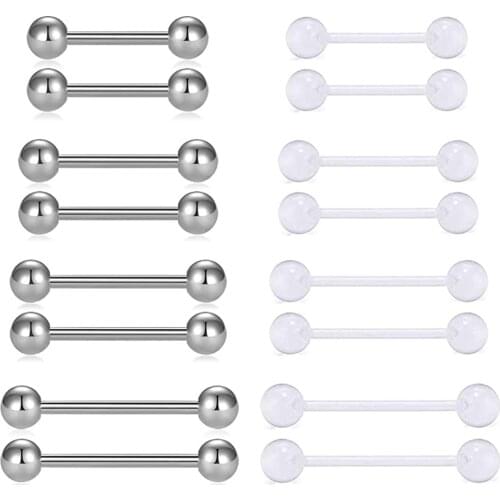 2pcs Clear Bioflex Flexible Acrylic Straight Tongue Rings Barbells Nipple Ring Retainer Piercing 12mm 14mm 16mm 18mm