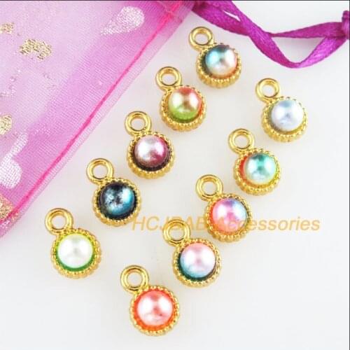 20 New Round Charms Mixed Acrylic Flower Pendants Gold Color 9x13mm