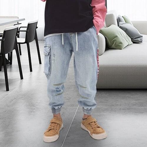 2020 New Kids Elastic waist Jeans Boys Pants Side pockets Denim broken hole Trousers 4 5 6 7 8 9 10 11 12 13 Years Boys Clothing