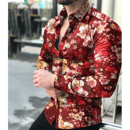 Men Casual Shirt Stylish Floral Print Buttons Wild Shirts Summer Long Sleeve Lapel Tops camisas de hombre рубашка мужская 2021