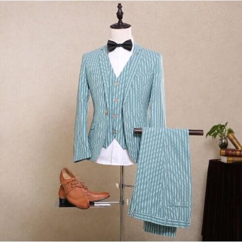 Fad Latest Coat Pant Designs Light Blue Pattern Men Suit Slim Fit 3 Piece Tuxedo Custom Suits Groom Prom Blazer Terno Masculino