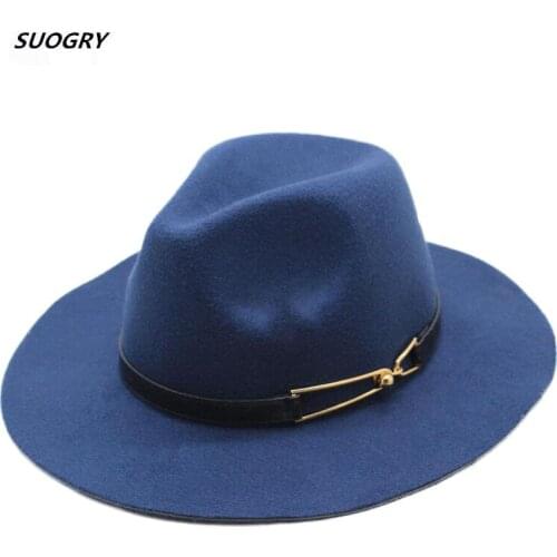 SUOGRY Autumn Winter Women Men Felt Fedora Hats With Belt Buckle Wide Flat Brim Sun Formal Hat Panama Cap For Unisex