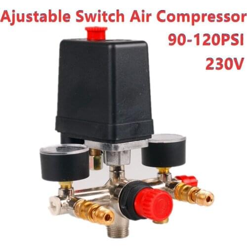Air Compressor Pressure Valve Switch Manifold Relief Regulator Gauges 90-120PSI 230-220V Aluminum alloy bracket