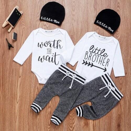 0-24M Newborn Infant Baby Boy Clothes Sets 3pcs Little Brother Long Sleeve Bodysuit Pant Hats Outfit Clothing