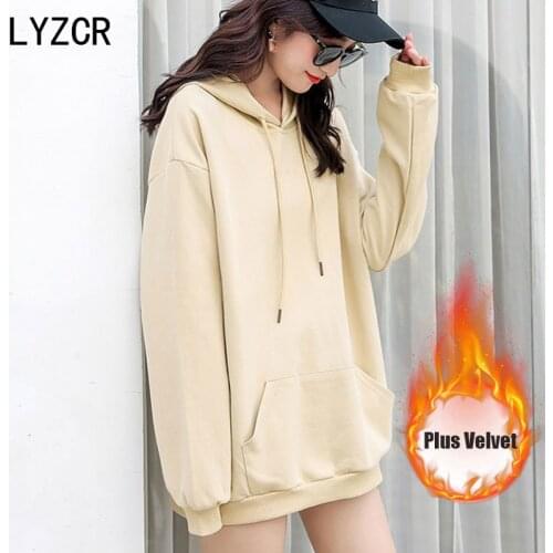 LYZCR Long Winter Womens Hooded Sweatshirts For Women Loose Velvet Oversized Hoodie Female Sweathirt Vintage Black Sweatshirt