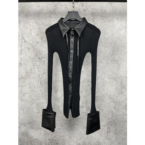 Fashion Ladies 2021 New Long Sleeve Sexy Casual Knitted Leather Shirt 0118