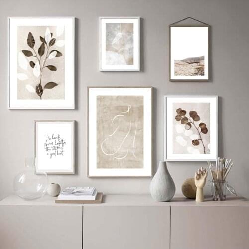 Beige Leaf Line Art Poster Nature Landscape Wall Art Hands Picture Print Nordic Canvas Painting Minimalist Living Room Decor
