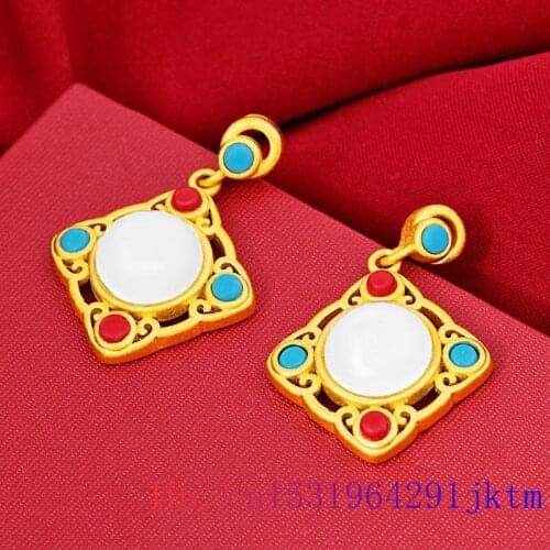 Jade Ear Studs Amulet Gemstone 925 Silver Chalcedony Crystal White Zircon Gifts Jewelry Fashion Natural Earrings Women