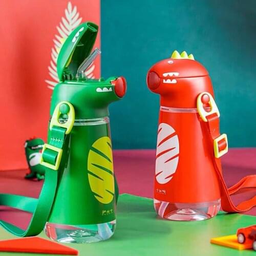 New Children Straw Kettle with Shoulder Strap Portable School Plastic Water Bottle Creative Cartoon Dinosaur Shape 400/560ML