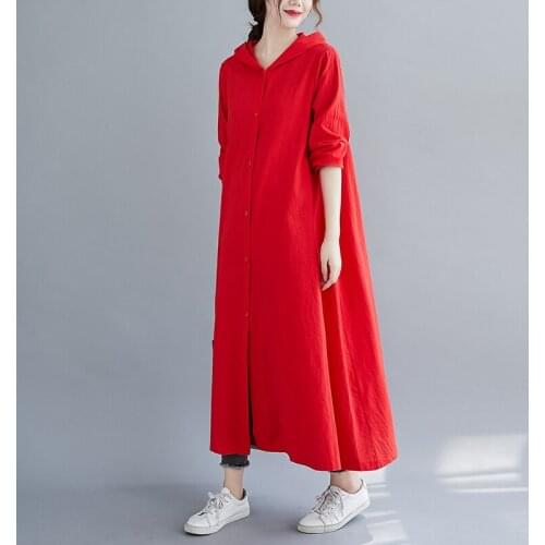 Solid Color Dress Women Spring Autumn Literary Linen Long Sleeve Cardigan Hooded Loose Casual Female Elegant Dress
