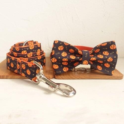 Dog Collar Halloween Bowtie Pet Collar with Matching Lead Adjustable Funny Pumpkin Print Dog Collar Leash Set with Metal Buckle