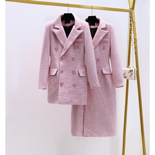 Tweed Vintage Casual Plaid Blazer Women Fashion Houndstooth Notched Collar Double Breasted Long Sleeve Office Ladies Jacket Coat
