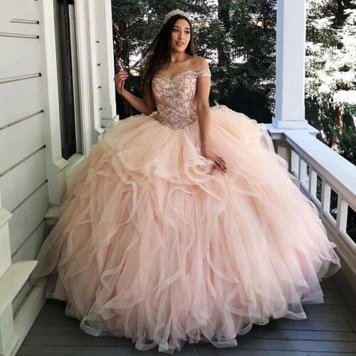Off Shoulder Sweetheart Neck Beading Crystals Quinceanera Dresses with Tiered Organza Ruffles Masquerade Dress Ball Gowns 2020