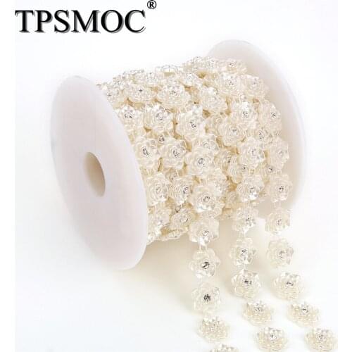 TPSMOC Free shipping 10Yards Trimming rhinestone cup chain15mm flower shape pearl chain Wedding dress Wedding Decoration