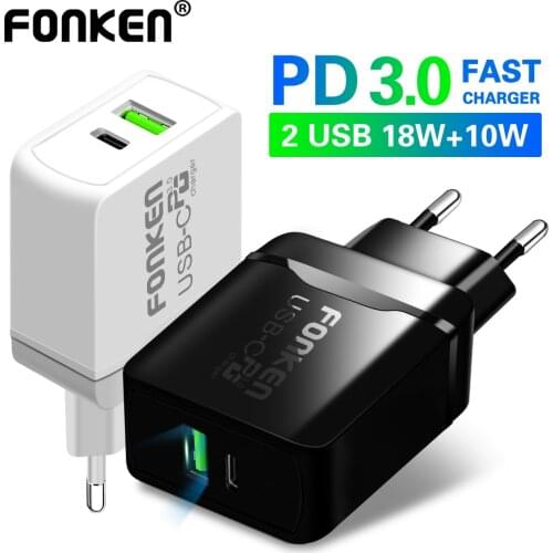 FONKEN 2 Port USB Charger Type C Charge Adapter PD3.0 28W Fast Charge Charger USB C Phone Charger Tablet Power Charging EU Plug