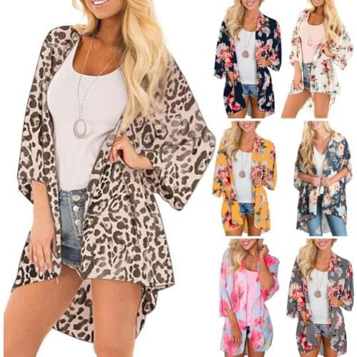 Women Floral Leopard Print Half Sleeve Shawl Cardigan Bikini Cover Up Blouse Top Long Sleeve Summer Beach Kimonos Cardigan