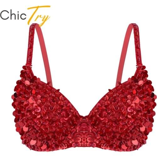 ChicTry Women Sparkle Sequins Beading Padded Bra Festival Rave Club Party Sexy Dance Tops Stage Performance Belly Dance Costume