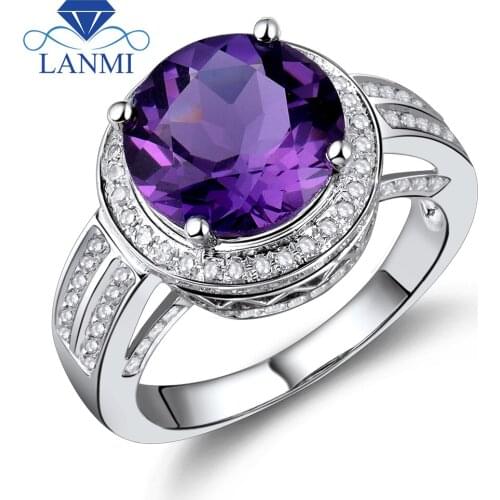 LANMI Amethyst Rings Vintage Style Round 10mm Pure 14Kt White Gold Natural Amethyst Ring For Women Birthday Gifts