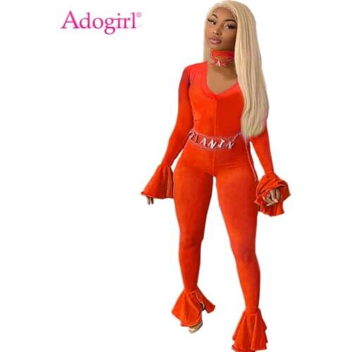 Adogirl Women Sexy Solid Flare Jumpsuit Deep V Neck Long Bell Sleeve Casual Romper Foot But Pants 2019 Autumn Fashion Overalls