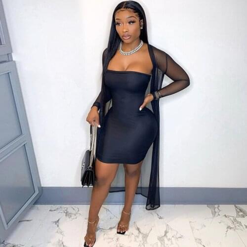 Sexy Mesh Sheer Summer Two Piece Set Long Sleeve Cardigan for Women Off Shoulder Bodycon Mini Dresses Club Matching Sets