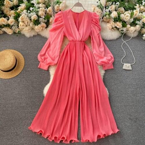 Vintage Sexy V-neck Chiffon Jumpsuit Women 2021 Autumn Fashion Puff Sleeve Slim Waist Bodysuit Fungus Patchwork Wide Leg Pants