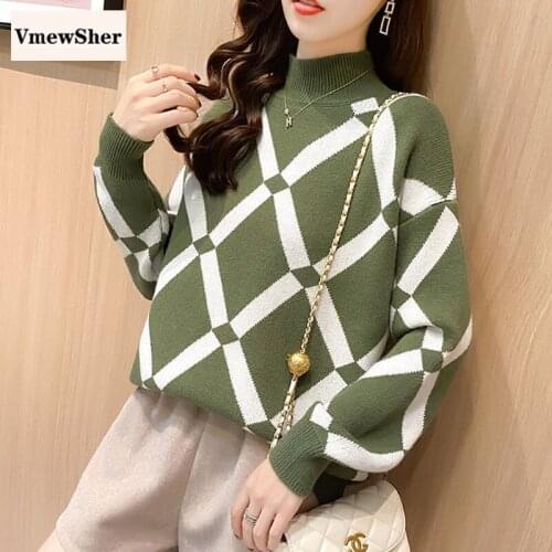 VmewSher Plaid Color Matching Women Sweater Autumn Pullovers Mock Neck Knitwear Loose Casual Long Sleeve Checkerboard Knit Tops