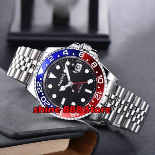 40mm PARNIS luminous Sapphire glass GMT automatic mens watch Mechanical Watch